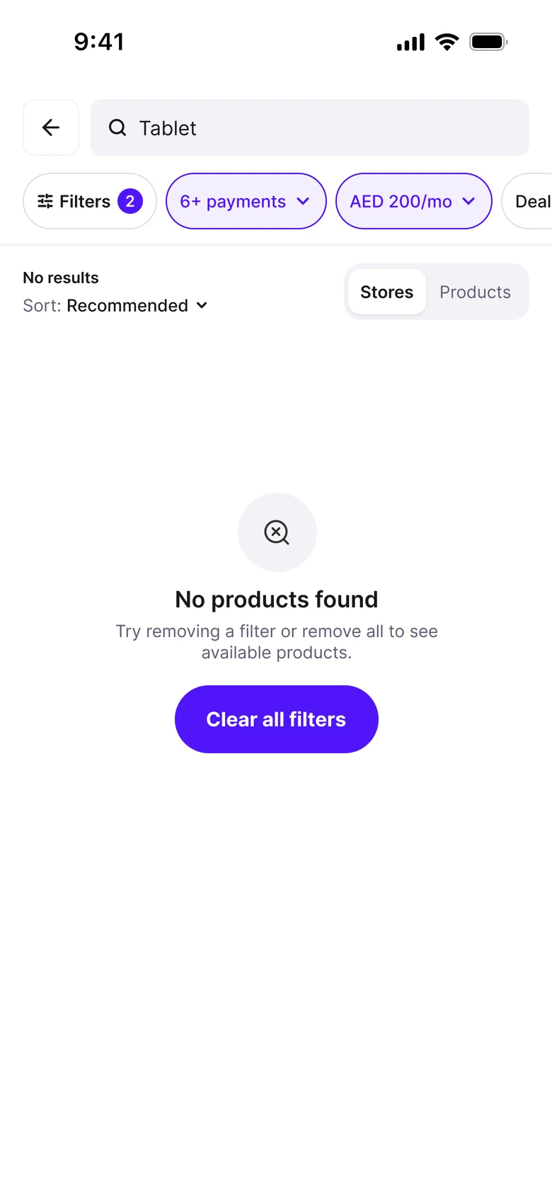 Empty state with a Clear all filters button