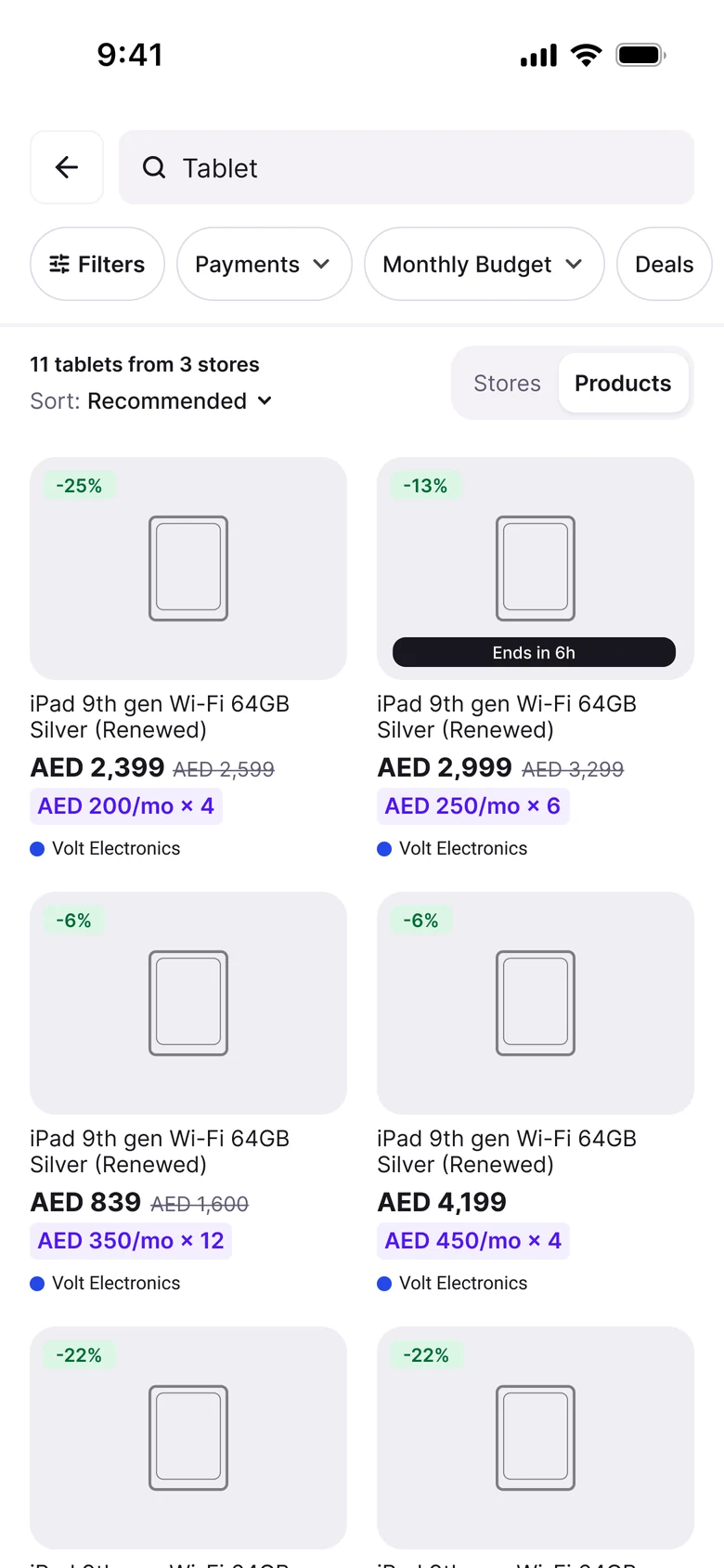 Results as a grid of products