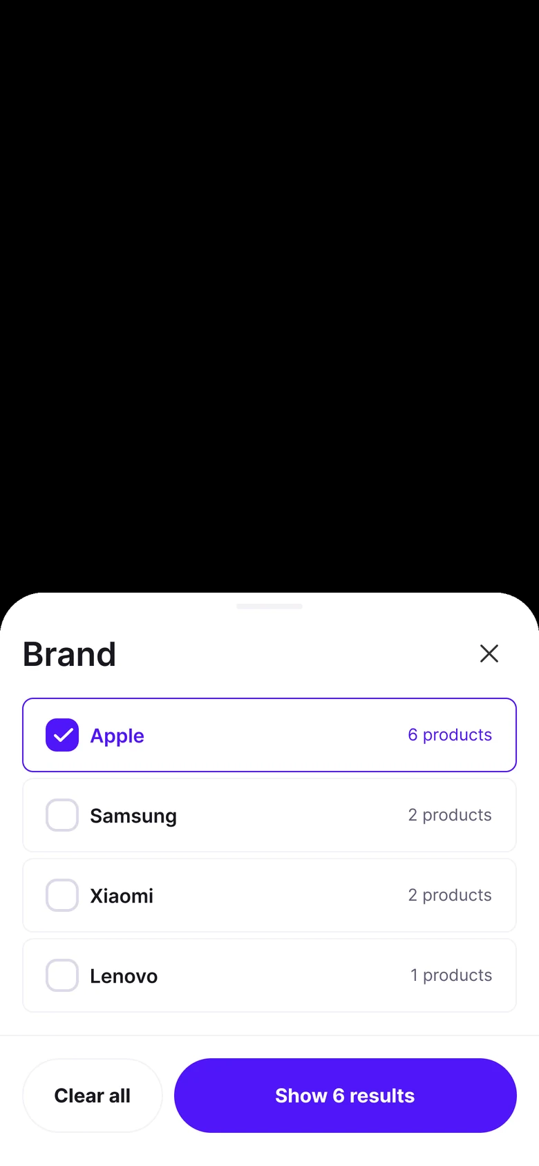 Checkboxes in the brand sheet with a Clear all button