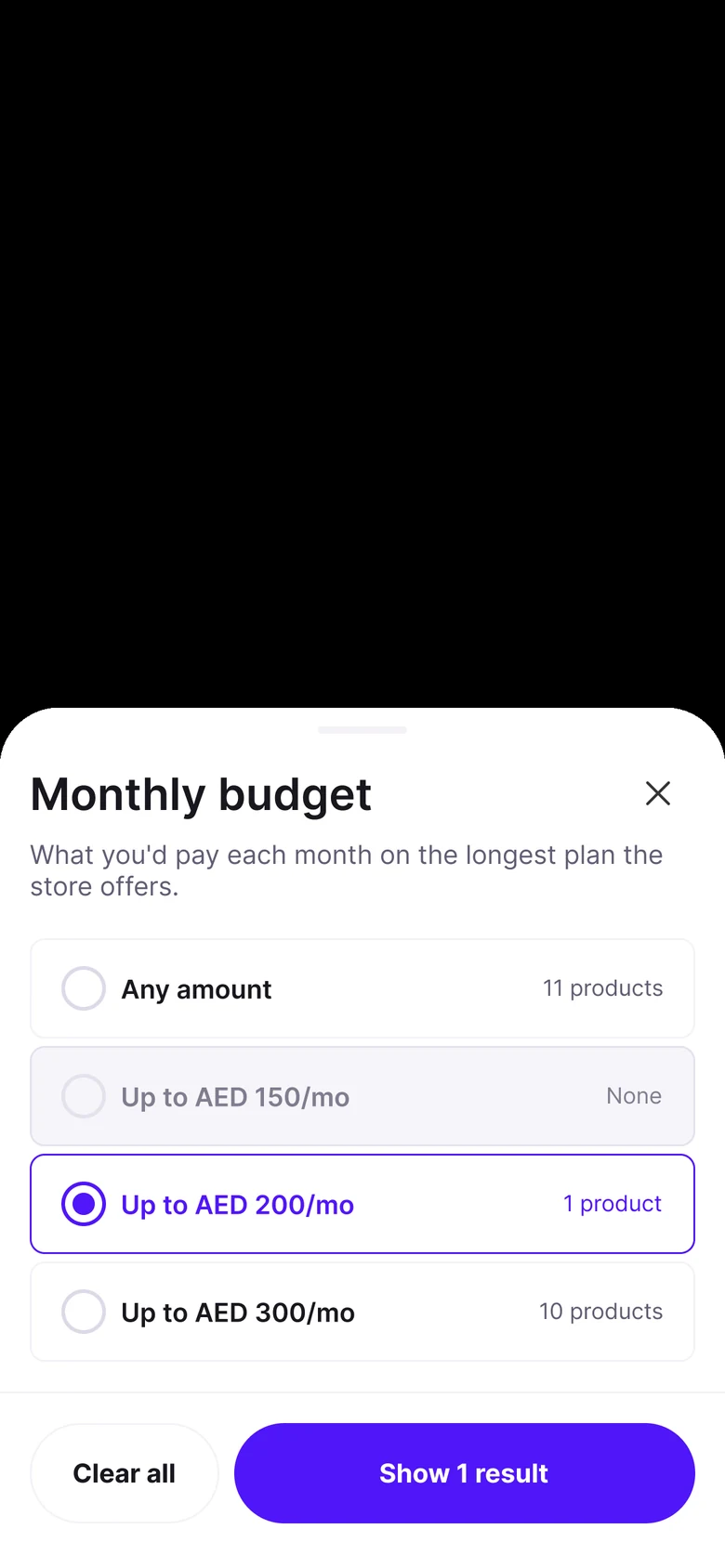 Monthly budget sheet with Up to AED 200 a month selected