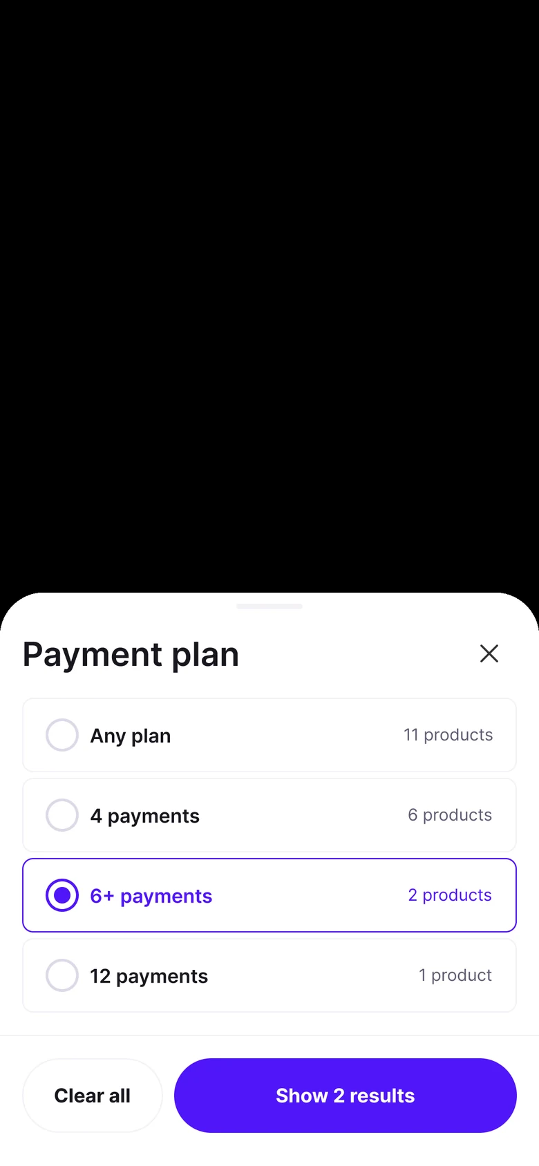 Payment plan sheet with one plan selected