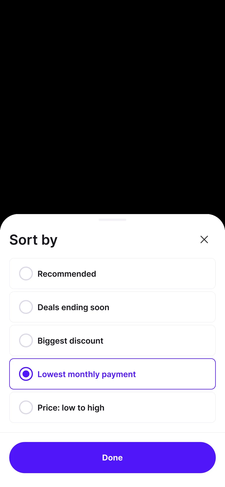 Sort sheet with Lowest monthly payment selected