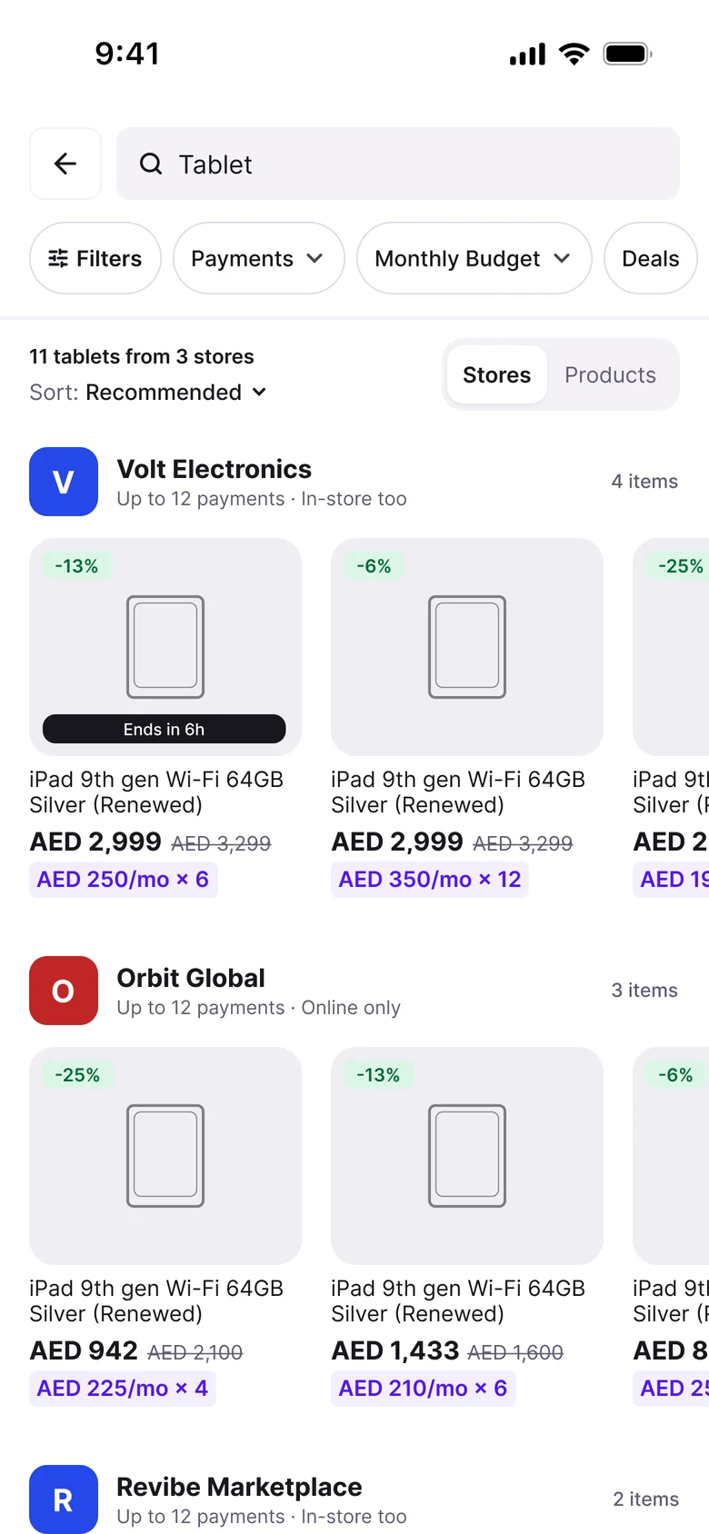 Search results for tablets grouped by store, with filter chips along the top