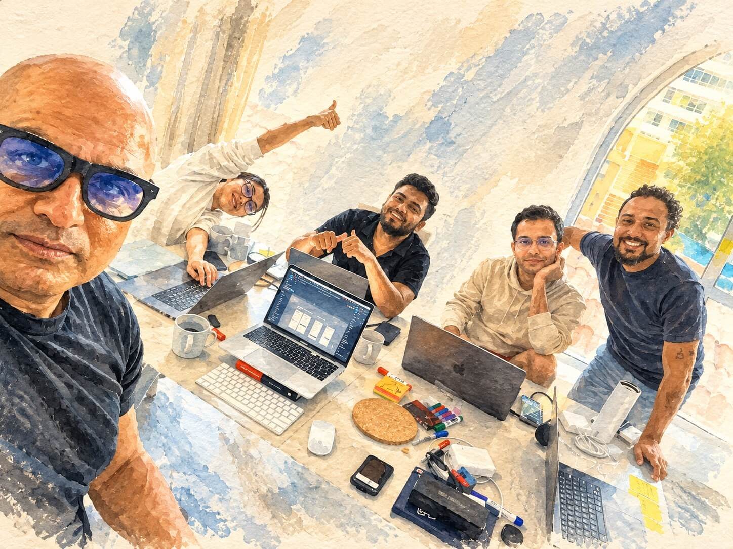 Watercolour painting of Tahsin with friends and teammates around a shared work table, laptops open